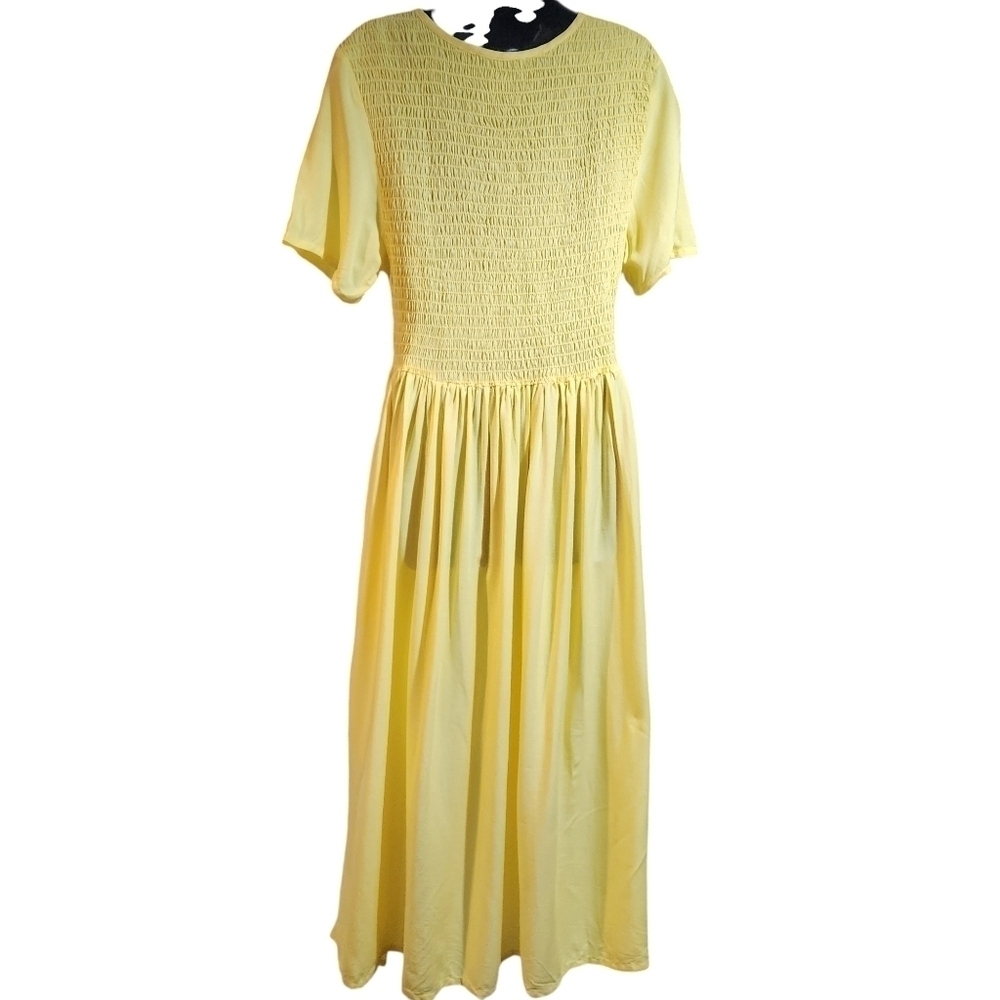Vintage Maxi Smock Pocket Dress Anthony Richard's Yellow Ruched Bodice Size L - Picture 2 of 8